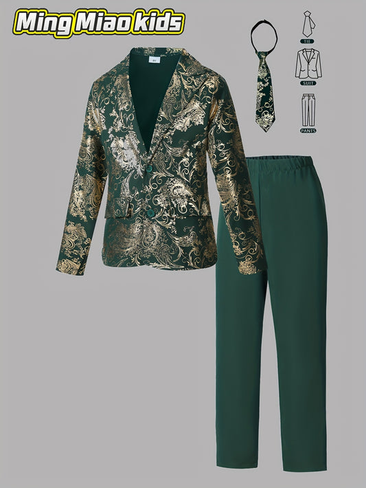 2pcs Boys' Suit Formal Set, Mid-Size, Stylish and Handsome, with Golden Powder Print, Gentleman'S Suit, Long Sleeve Jacket and Straight Leg Pants, Plus, with Tie, for Travel, and Holiday Parties, Spring and Autumn Style