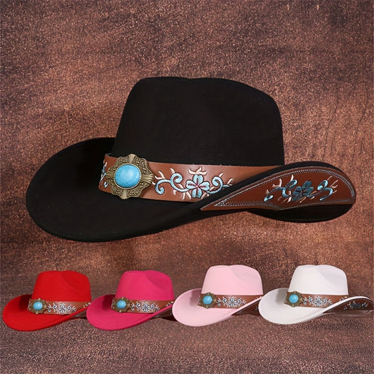 A Vintage Felt Western Cowboy Hat for Men And Women, Featuring a Turquoise And Embroidered Belt, Is The Perfect Choice for Outdoor Casual Occasions, Birthdays, Music Events, And Parties, Making It an Ideal Gift for Her Or Him