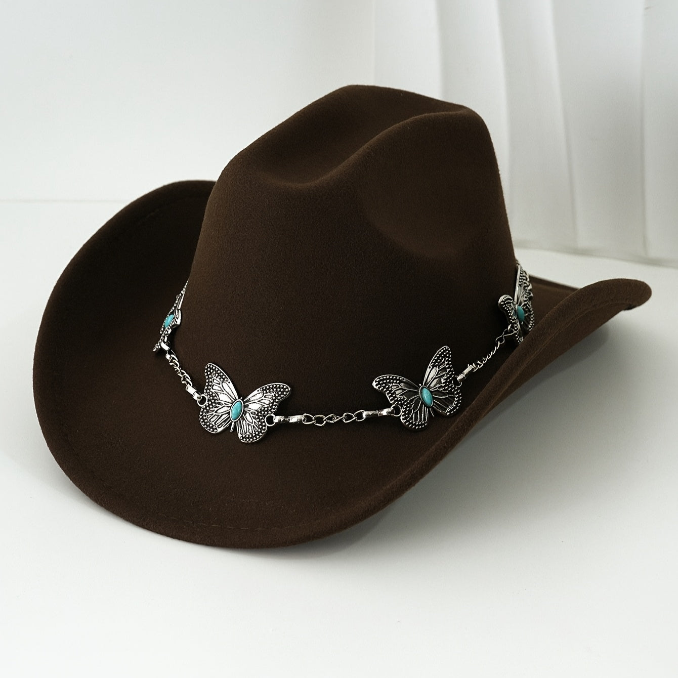 [Western Cowgirl Hat] 1pc Western Cowgirl Hat | Lightweight, Polyester, Woven, Fedora Style with Silvery Metal Butterfly, Ideal for Western Themed Events & Grassland Music Festivals