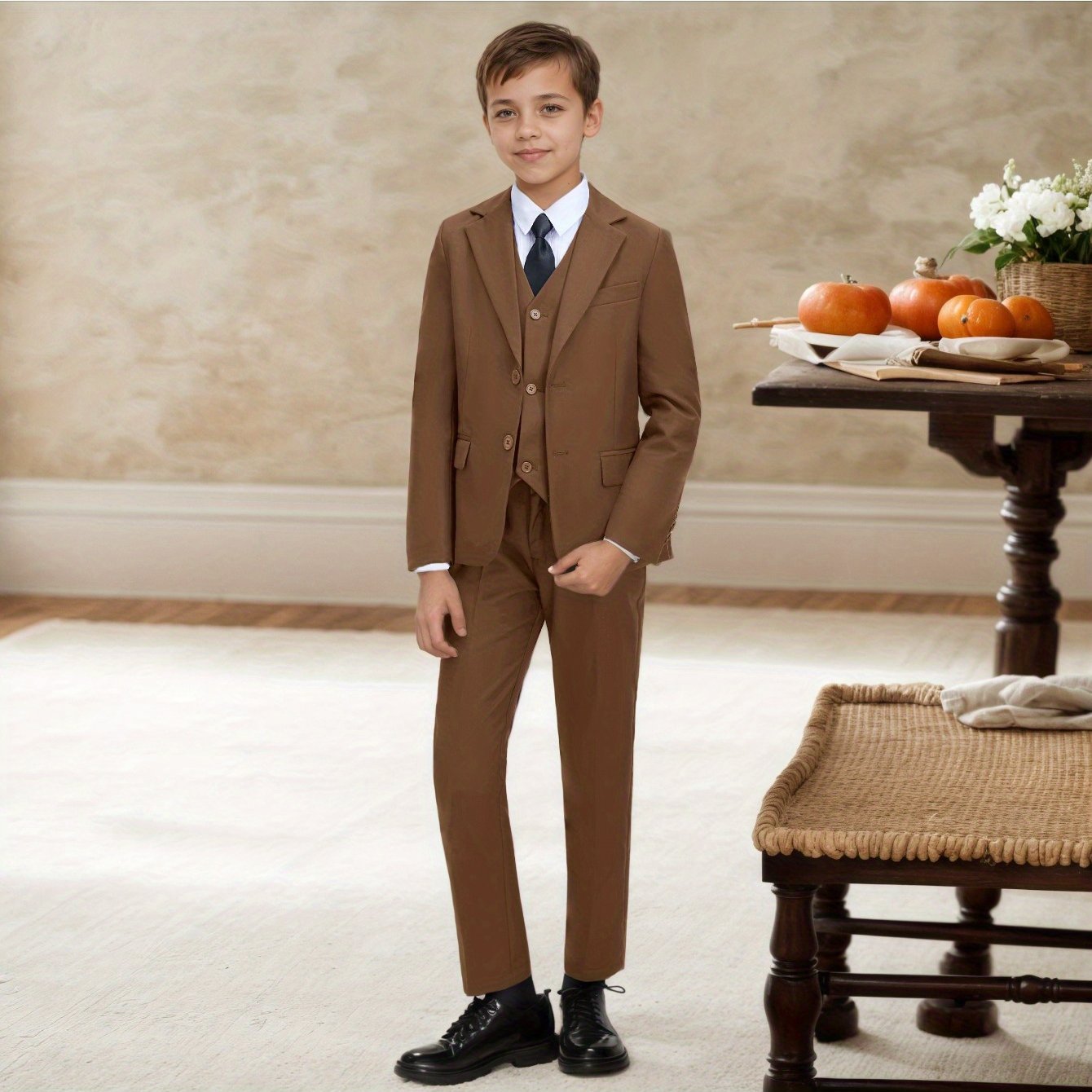 6-12 Years Old Boys' 3pcs Suit Set (Jacket+Vest+Pants), Khaki/ Olive Green, Wedding/ Party Flower Boy Attire