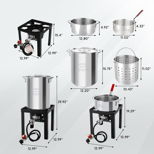 30QT Turkey Fryer and 10QT Fish fryer kit, aluminum outdoor fryer and seafood pot steamer with basket, thermometer, marinade syringe, Turkey rack and rack lifter