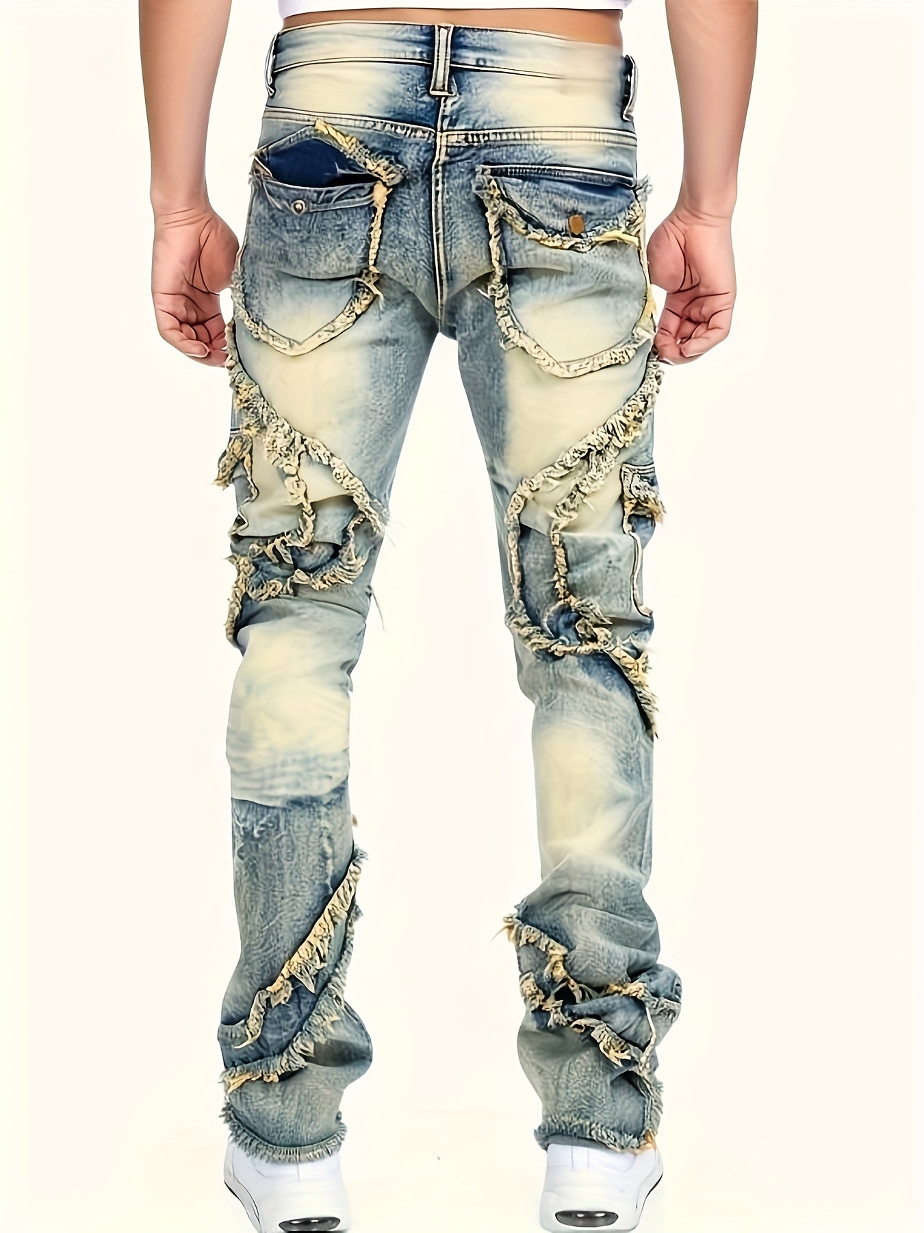HME Men's Skinny Jeans - Heavy Washed Vintage Streetwear Pants with Patchwork Stitching, Stretch Denim (Cotton-Based), Mid-Rise Fit, All-Season Urban Fashion Jeans for Men, Casual Streetwear, Versatile Bottoms, Retro Style, D