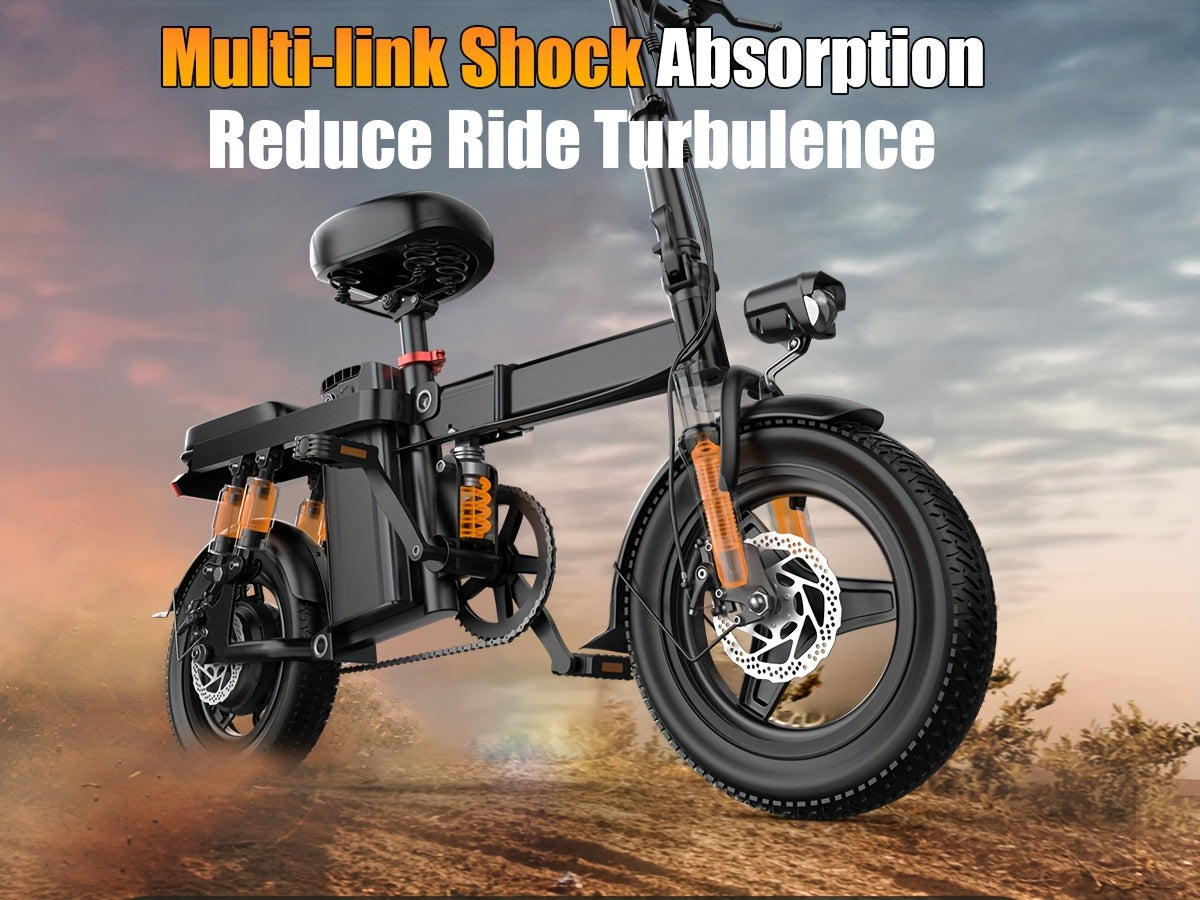 700W Peak Motor Electric Bike for Adults, 20MPH, 48V15Ah, 32-Mile Range, Folding Design with 14" Tubeless Off-Road Tires, Multiple Shock Absorbers, Black, Unisex, Perfect for Daily Commuting and City Use