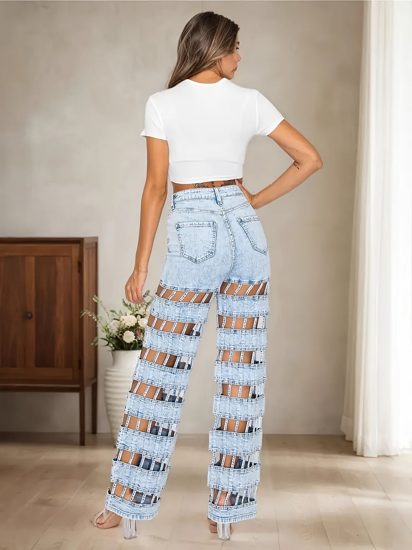 Light Blue Women's High-Waist Distressed Denim Wide-Leg Jeans - Casual Street Style with Raw Hem, Button Closure, Washed Finish for Spring & Fall, High Waisted Jeans, Fall Fashion, Fashion forward Look, Non-stretch Fabric