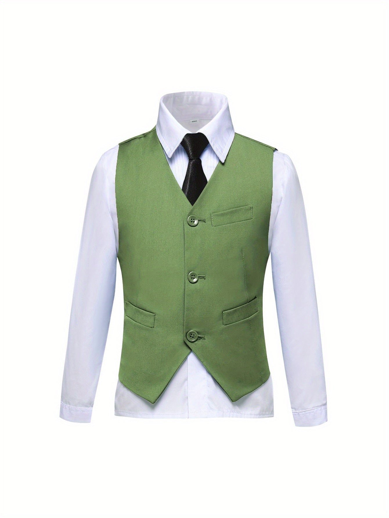 6-12 Years Old Boys' 3pcs Suit Set (Jacket+Vest+Pants), Khaki/ Olive Green, Wedding/ Party Flower Boy Attire