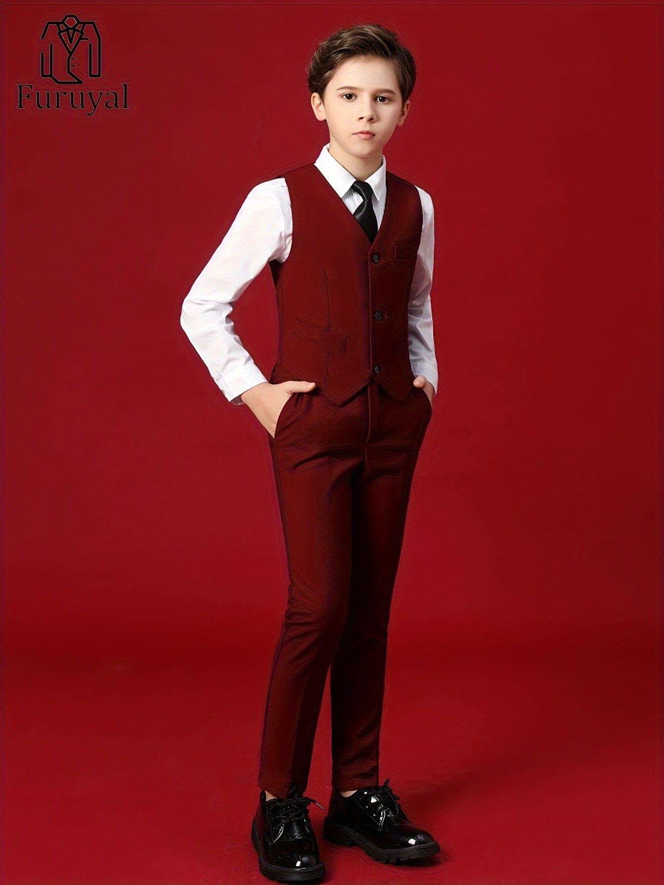 Furuyal Boys' 4pcs Formal Suit Set Vest Pants Collared Dress Shirt And Tie Boys' Suit Size 6-16Y Boys Suits Suitable For Music Festival Graduation Season Party