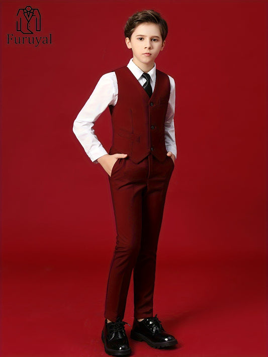 Furuyal Boys' 4pcs Formal Suit Set Vest Pants Collared Dress Shirt And Tie Boys' Suit Size 6-16Y Boys Suits Suitable For Music Festival Graduation Season Party