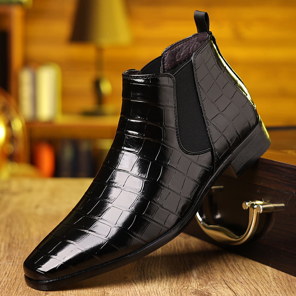 Men's Slip-On Checkered Boots - Formal to Casual All-Season Shoes, Glossy Black, Cushioned PU Insole & Non-Slip Sole for Office, Parties, Casual Attire - Durable -like Boots, Party Shoes, Retro Design, Comfortable Fit, Stylis