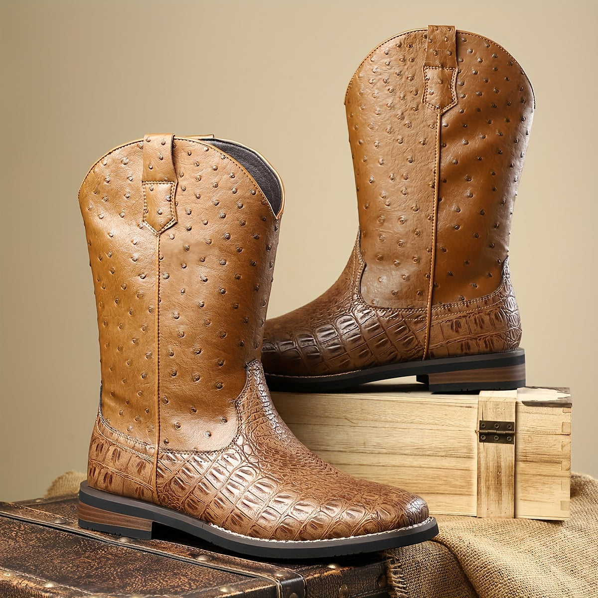 [All-Season Solid Color Cowboy Boots] Men's Casual Western Boots with Ostrich-Quill Print PU Upper, Fabric Lining, Rubber Sole, Slip-On Closure, Pointed Toe - All-Season Solid Color Daily Wear Cowboy Boots