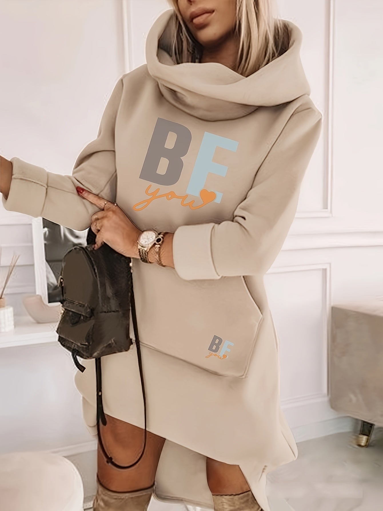 [Motivational Hoodie Dress] Royal Blue Women's Hoodie Dress | BE YOU Motivational Text, Hooded Pullover, Machine Washable, Geometric Pattern, Comfortable Fit, Lounge Wear, Trendy Fashion, Easy Care Fabric