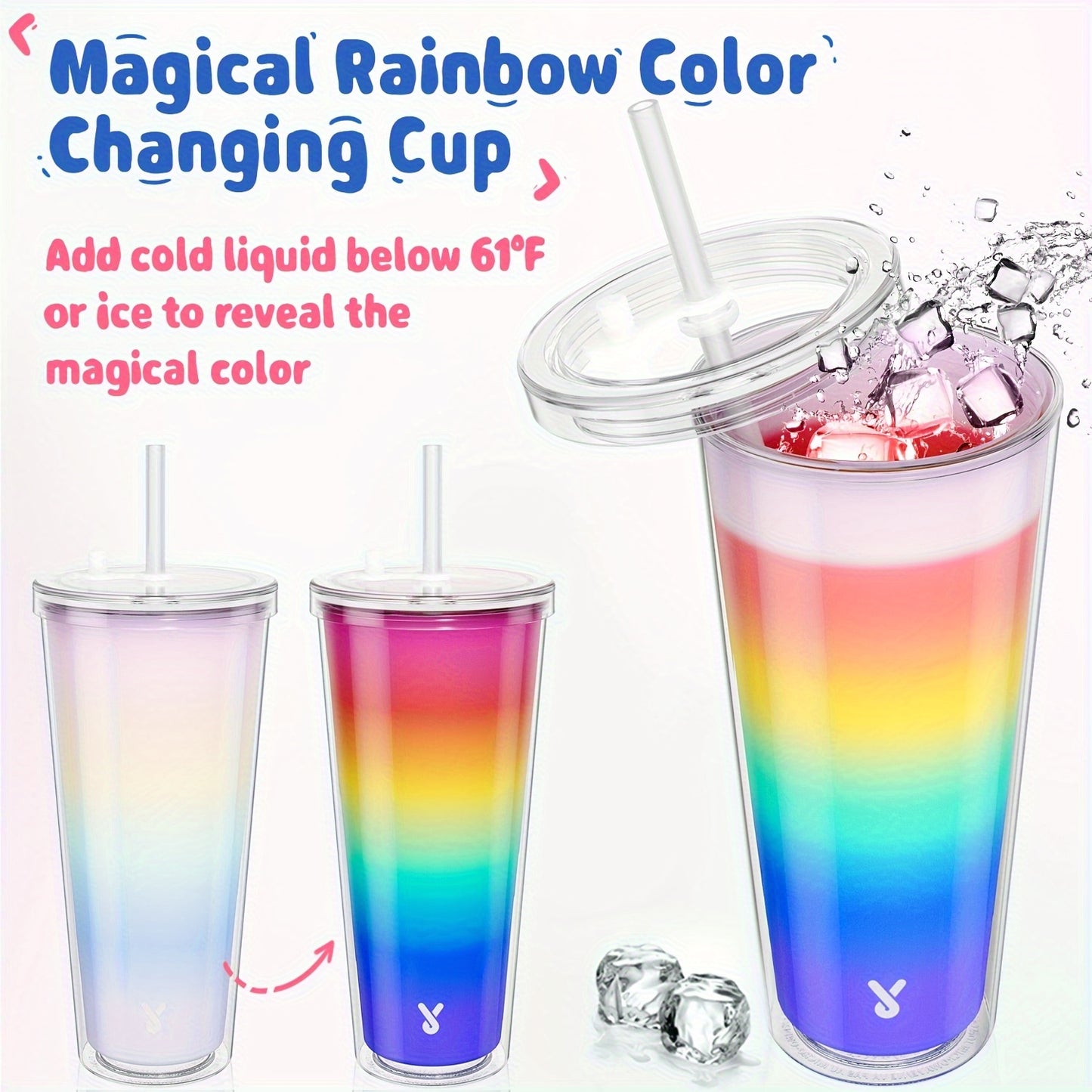 Meoky 24oz Double Wall Rainbow Color Changing Cup with Lid & Straw - BPA-Free, Lightweight, Reusable Plastic Tumbler for Iced Coffee, Parties, Pool Days - Add Cold Liquid Below 67°F to Reveal Magical Rainbow Colors