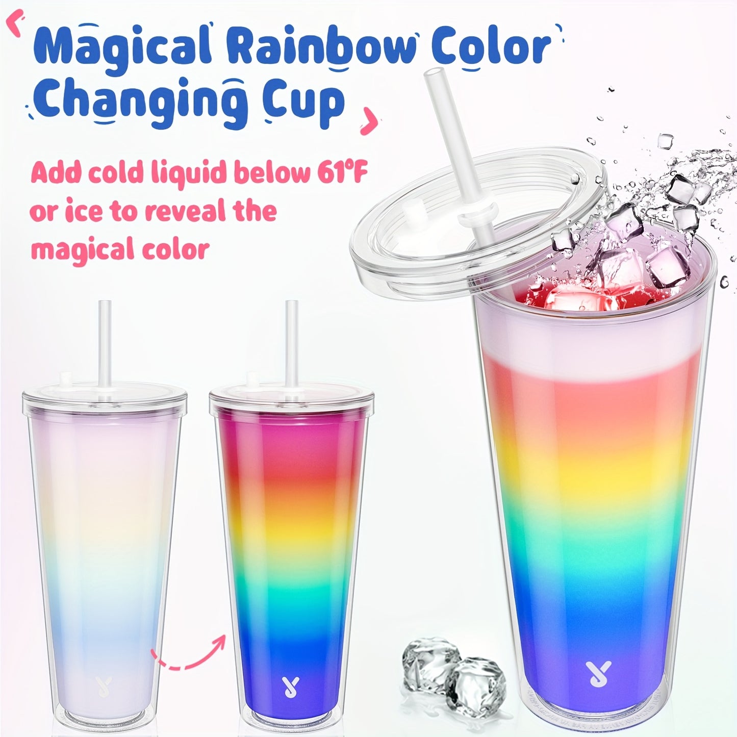 Meoky 24oz Double Wall Rainbow Color Changing Cup with Lid & Straw - BPA-Free, Lightweight, Reusable Plastic Tumbler for Iced Coffee, Parties, Pool Days - Add Cold Liquid Below 67°F to Reveal Magical Rainbow Colors