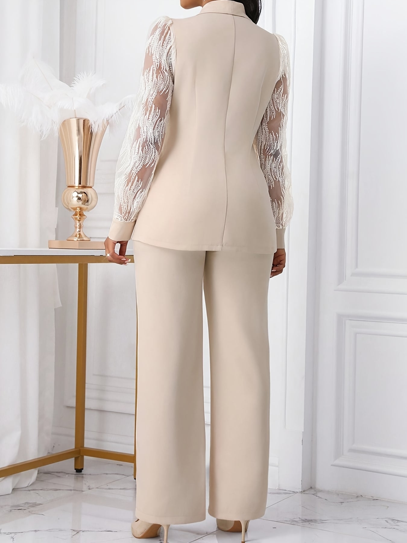 [Stylish Apricot Suit Set] Stylish Autumn New Apricot Lace Sleeve Suit Set | Women's Commuter Two-Piece Set