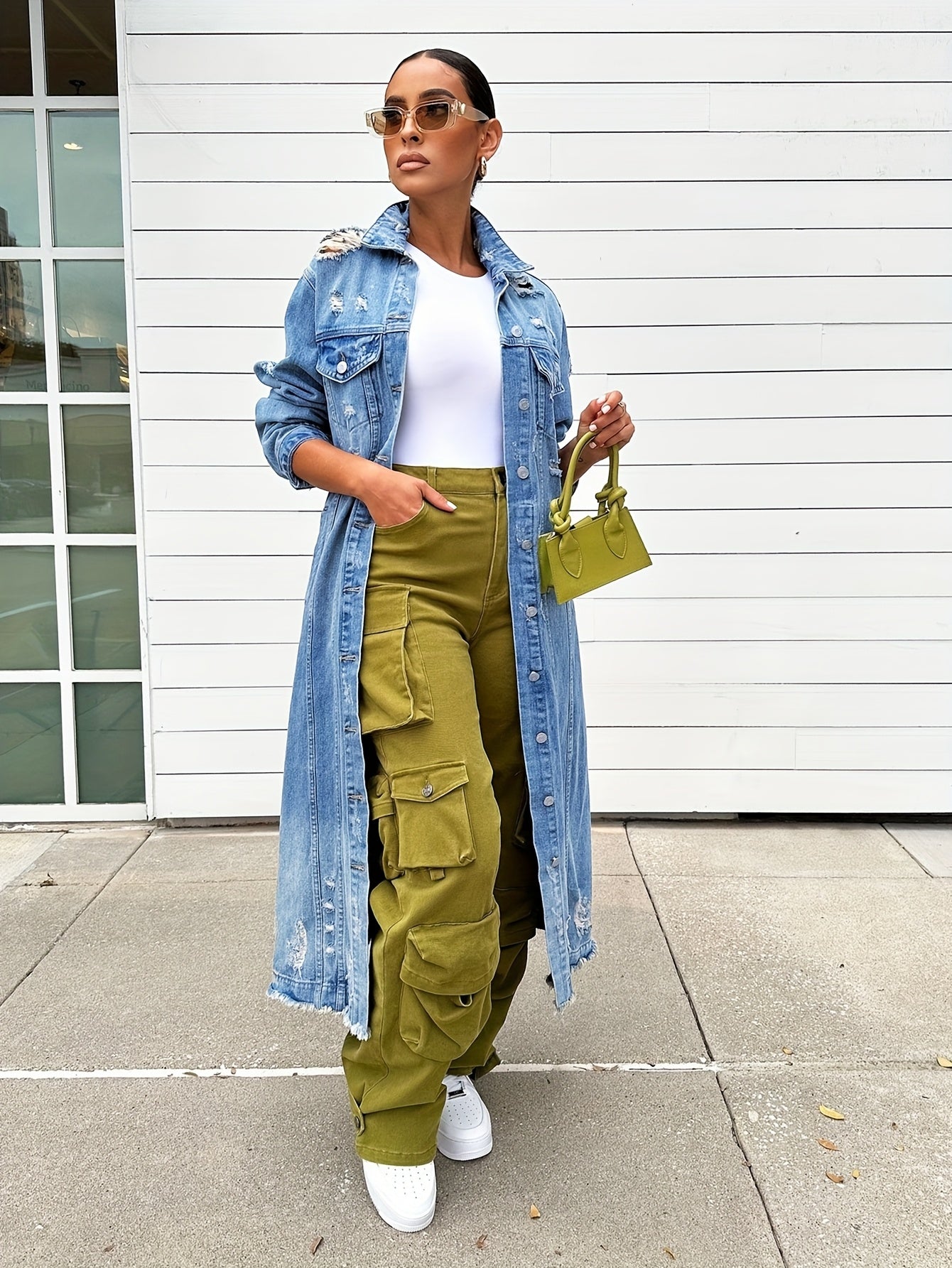Broken Hole Long Denim Jacket, Women'S Denim Trench Coat Jacket, Real Pocket