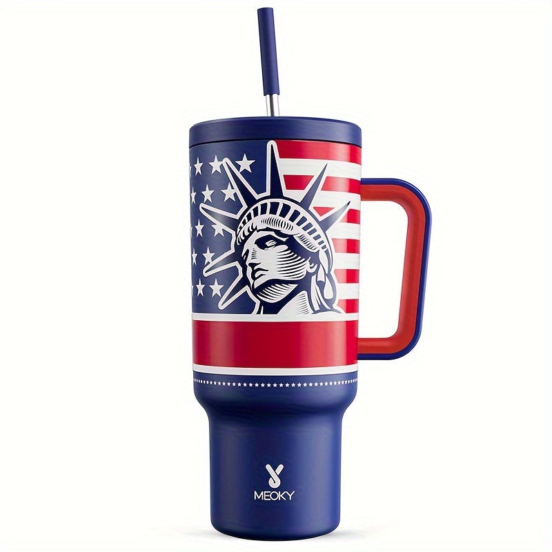 [American Flag Vacuum Mug] 1pc Stainless Steel American Flag Vacuum Insulated Travel Mug - With Handle, Lid, and Straw - For Independence Day & Memorial Day