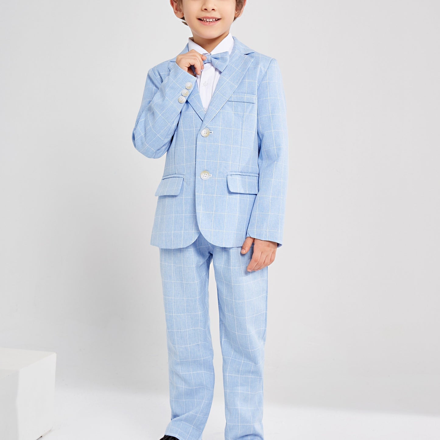 Kids' Elegant Blue Checkered Suit with Bow Tie - Perfect for Weddings and Formal Events, Slim Fit, Long Sleeve, Non-Stretch Fabric, Party Attire|Formal Attire|Slim Fit Suit