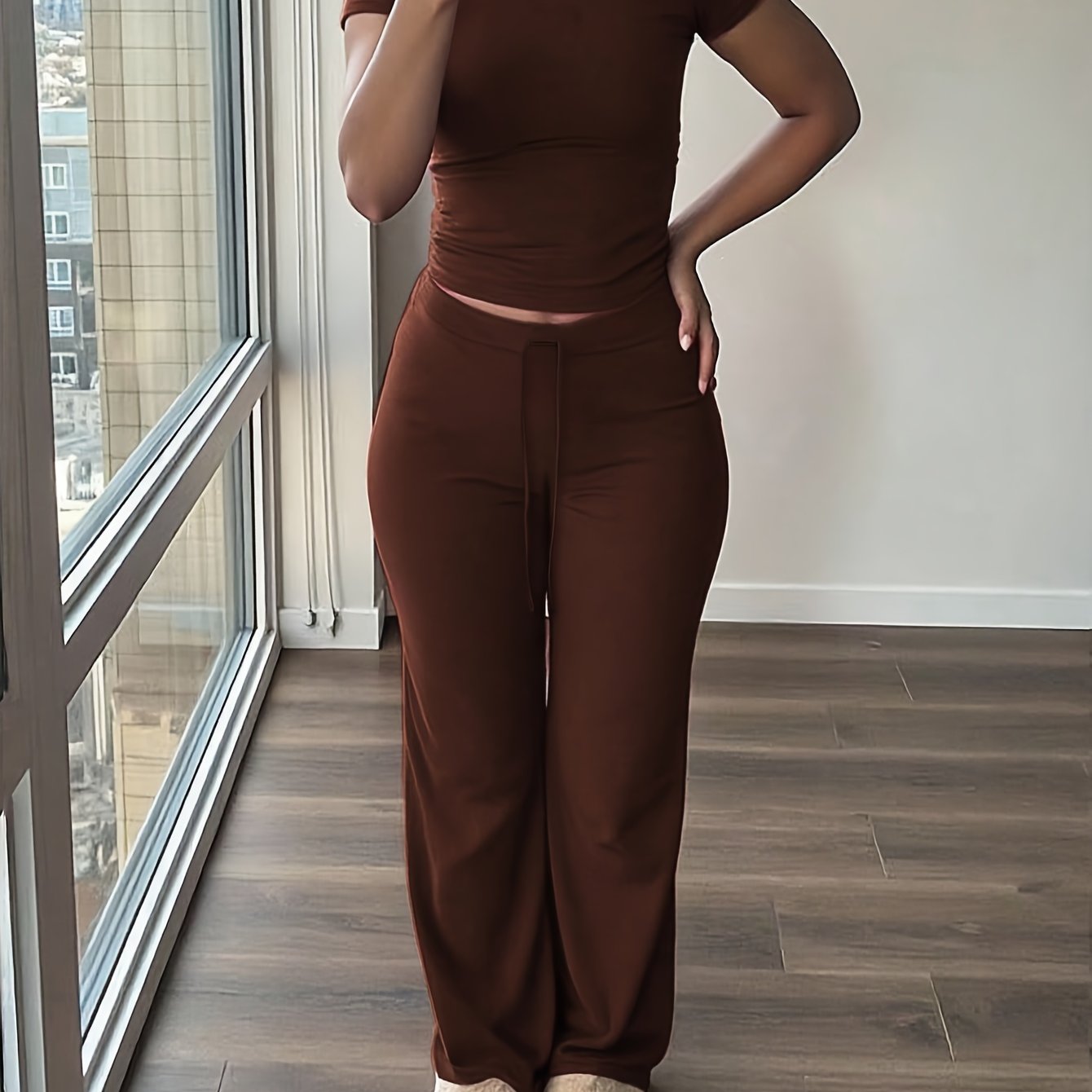 Maroon Women's Two-Piece Set: Short Sleeve Crop Top & High-Waisted Wide-Leg Pants - Cozy Fleece Loungewear with Drawstring Waist, Soft & Comfortable for Casual Home Wear, All-Season Wear, Loungewear Set|Casual Style|Soft Flee