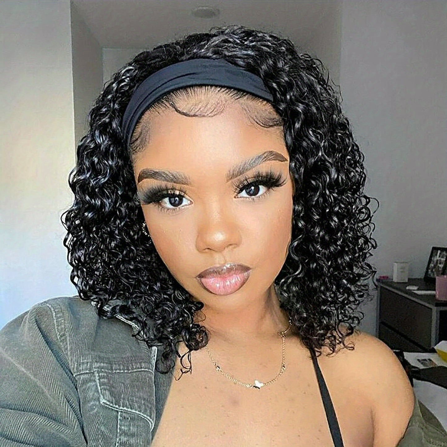 14" Jerry Curly Headband Wig - 100% Human Hair, Glueless, Natural Black, Soft & Bouncy Curls, Easy Wear & Go with Stylish Headbands, Breathable Cap, Heat Resistant, Tangle-Free for Daily Use