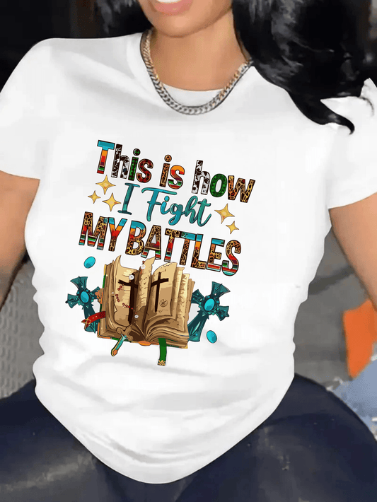 [This is How I Fight Battles Tee] 1pc Women'S Polyester Crew Neck T-Shirt with Geometric-Patterned "This is How I Fight My Battles" Print, High Stretch Knit Fabric, Sports Style Short Sleeve Top for All Seasons