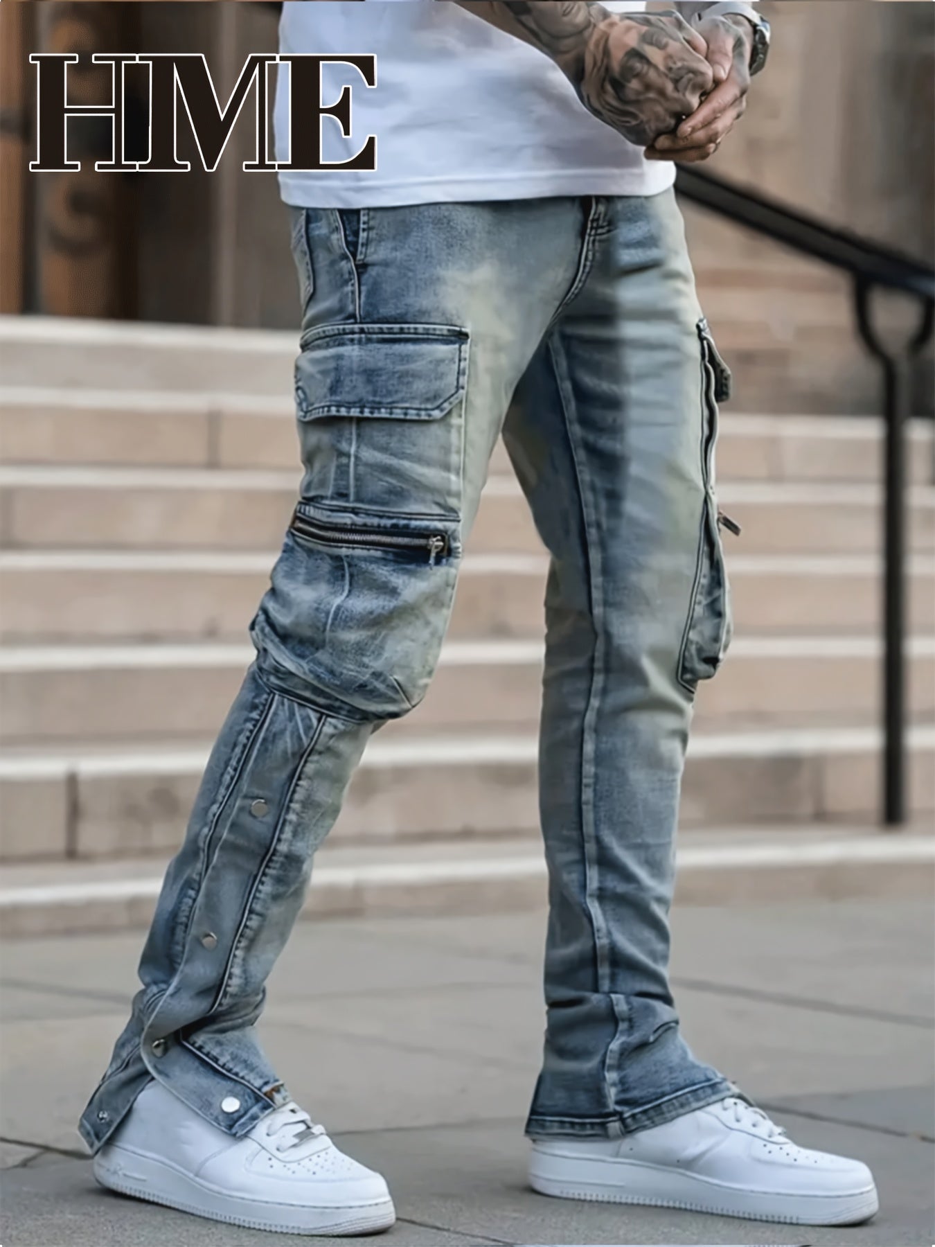 HME Men'S Skinny Faux Denim - Stretch Skinny Fit Mid-Rise Pants with Zipper Closure, Multi-Pocket Design (Including Slit Buttons), Light Washed Look for Everyday & Formal Outfits - Urban Streetwear Faux Denim for Teens & Adul