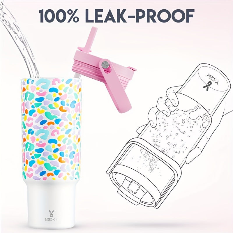 1pc 40oz Insulated Stainless Steel Tumbler With Handle - Leak-Proof, Keeps Cold For 24 Hours, Fits Car Cup Holder - Reusable, Round, Multipurpose Travel Mug With Lid And Straw