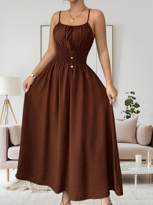 Women's Elegant Coffee Brown A-Line Dress with Front Bow Detail & Adjustable Drawstring Waist - Loose Fit Spaghetti Strap Casual Dress, Machine Washable All-Season Versatile Outfit, Spaghetti Strap Midi Dress, Texture Fabric