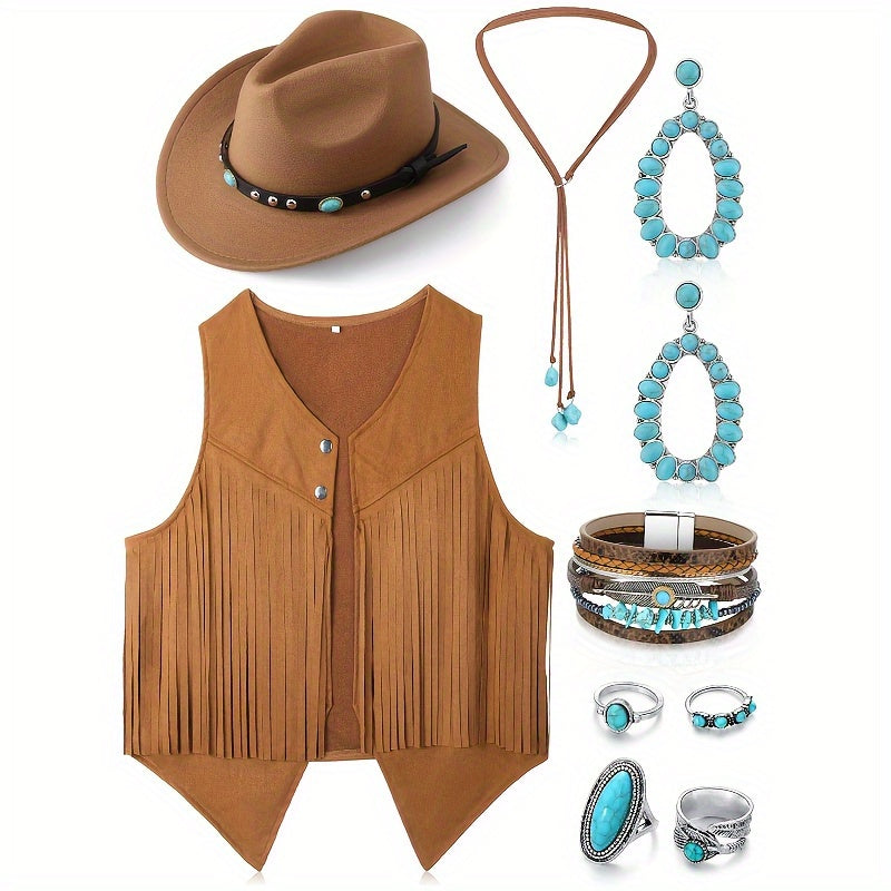 9-Item Collection for Women Featuring a Western-Style Cowboy Vest, Bohemian Cowboy Hat, And Accessories for Halloween Role-Playing (In Khaki Color).