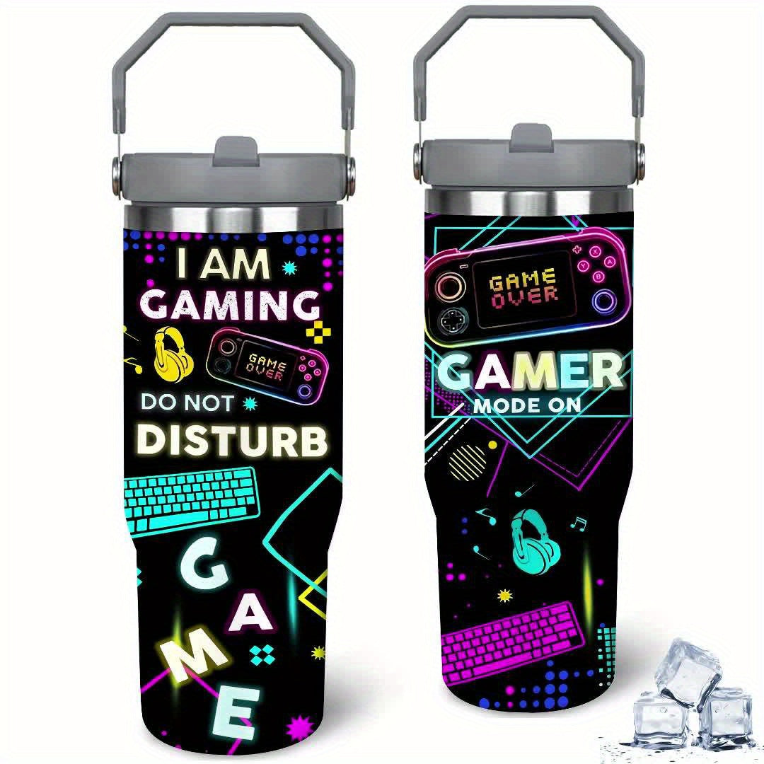 30 Oz Insulated Gamer Mug, 304 Stainless Steel Travel Tumbler, Gaming-Themed Double Wall Vacuum Cup with Straw and Handle, for Hot and Cold Beverages