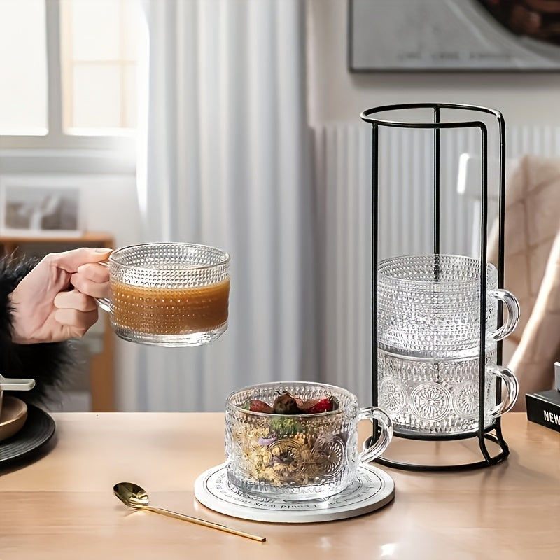 [Retro Coffee] Set Of 4 450ml/15.2oz Retro Coffee Cups | Transparent Embossed Glass Cups | Bamboo Lids And Spoons | Cute Coffee Bar Accessories, Iced Coffee Cups, Suitable For Cappuccino, Latte, Overnight Oat Containers