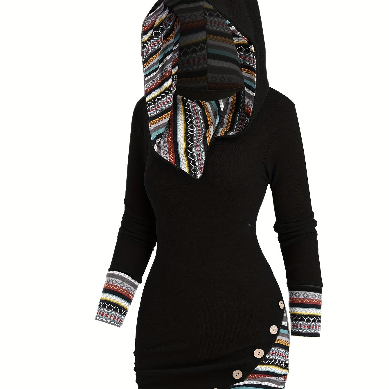 [Tribal Hooded Dress] Polyester Women's Tribal Geometric Stripe Patchwork Hooded Knit Dress | Long Sleeve Bodycon, Casual Style, 95% Polyester 5% Spandex, All Season, 240g/m² Knit Fabric, with Fake Buttons Detail