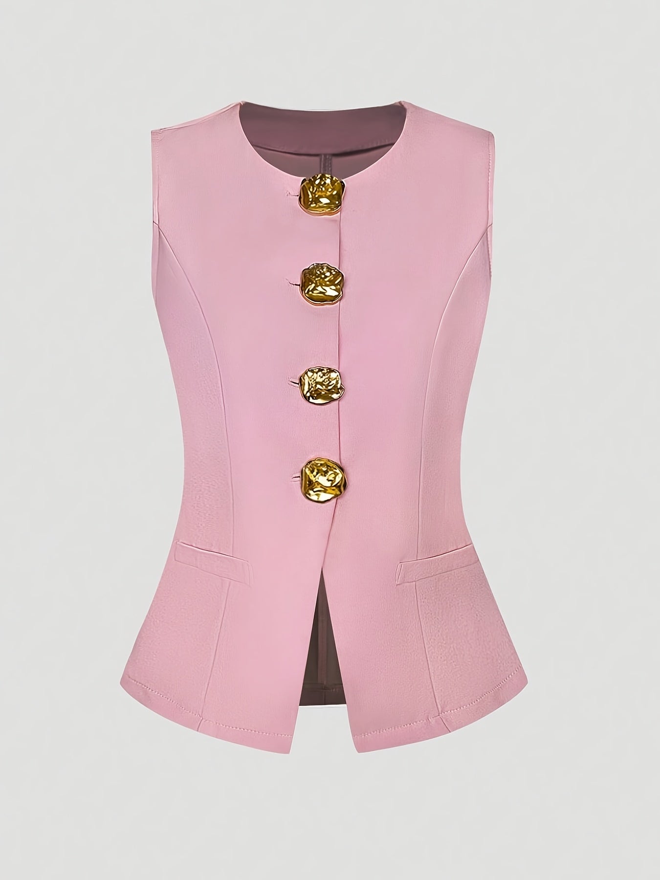 Women's French Chic Blazer - Sleeveless coat with Metallic Buttons, Structured Black Jacket for Business, Formal Events - Machine Washable Women's Professional Outerwear, Seasonal Wardrobe Staple, Office Wear, Elegant Style,