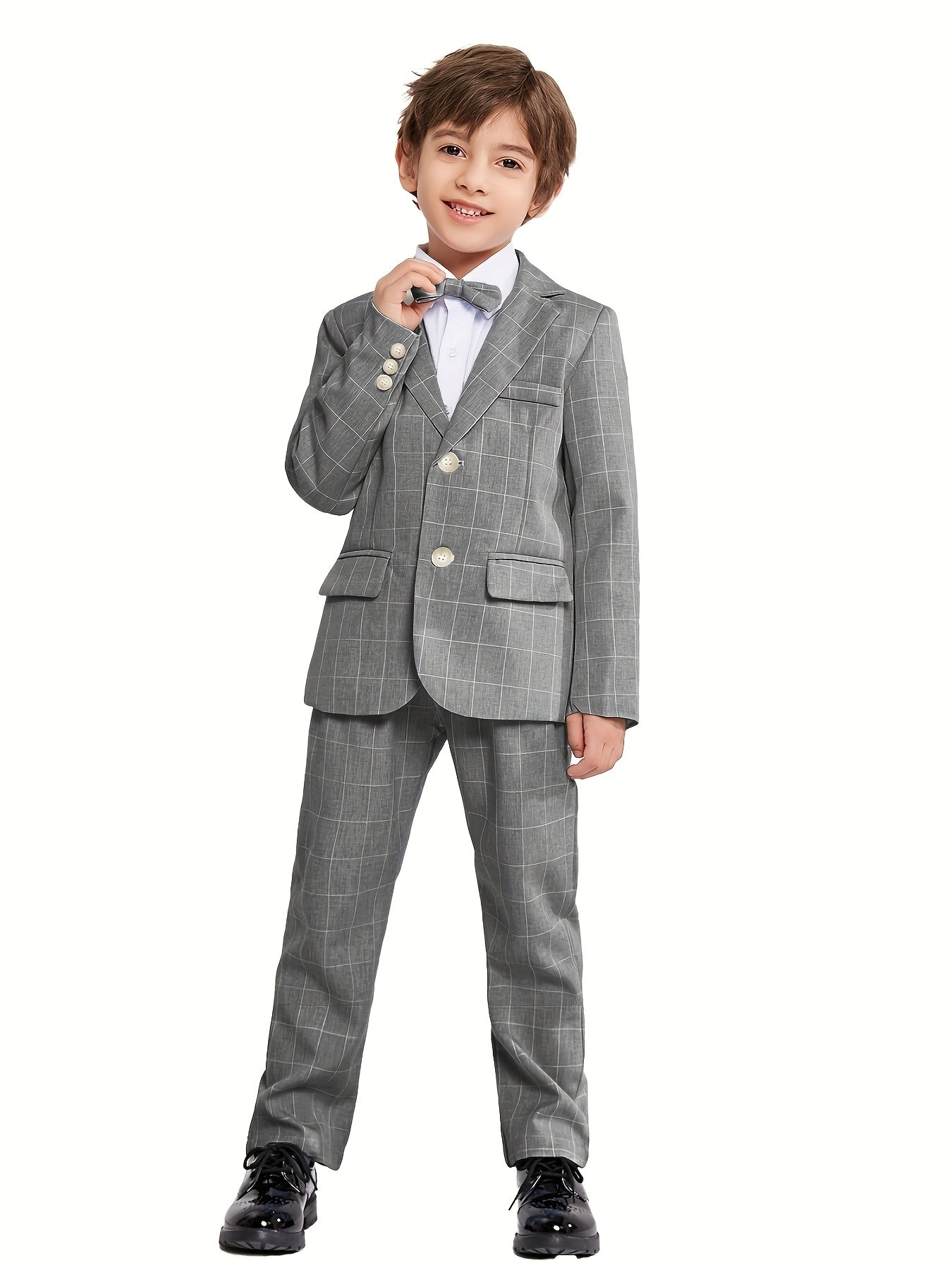 Kids' Elegant Blue Checkered Suit with Bow Tie - Perfect for Weddings and Formal Events, Slim Fit, Long Sleeve, Non-Stretch Fabric, Party Attire|Formal Attire|Slim Fit Suit