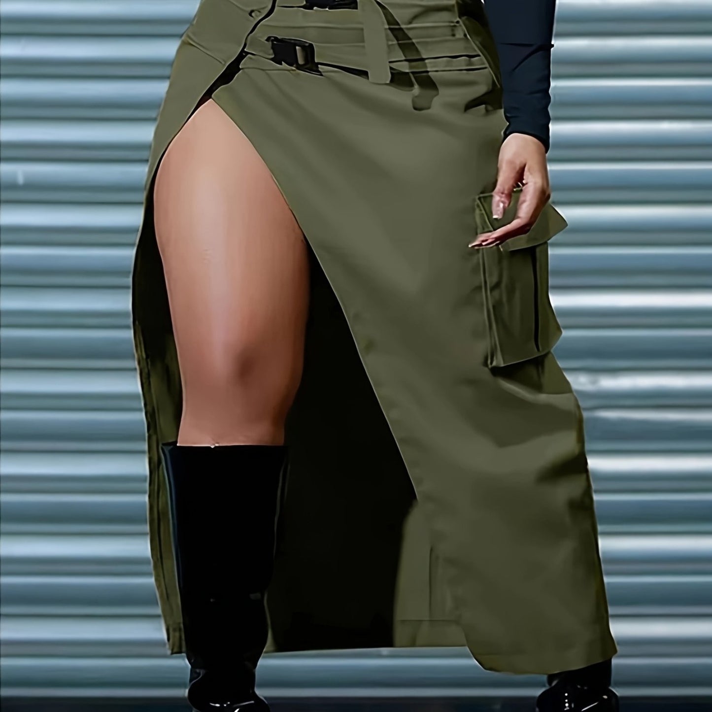 Women'S Stylish Solid Color Asymmetric Belt Flap Pocket Skirt - Cargo Style, Polyester Fabric, High-Waisted with Slit Detail, Black Boots, Casual Attire|Modern Casualwear|Polyester Skirt