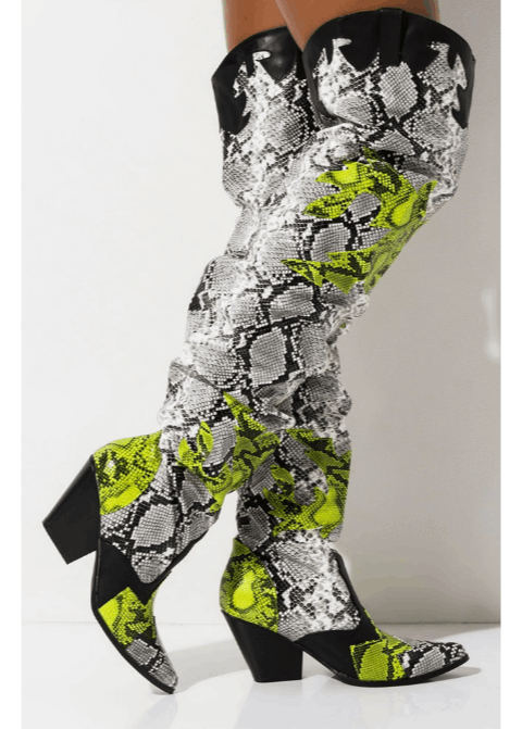 HILDA Colorful Snakeskin Over-the-Knee Boots – Chunky Low Heel Western Style