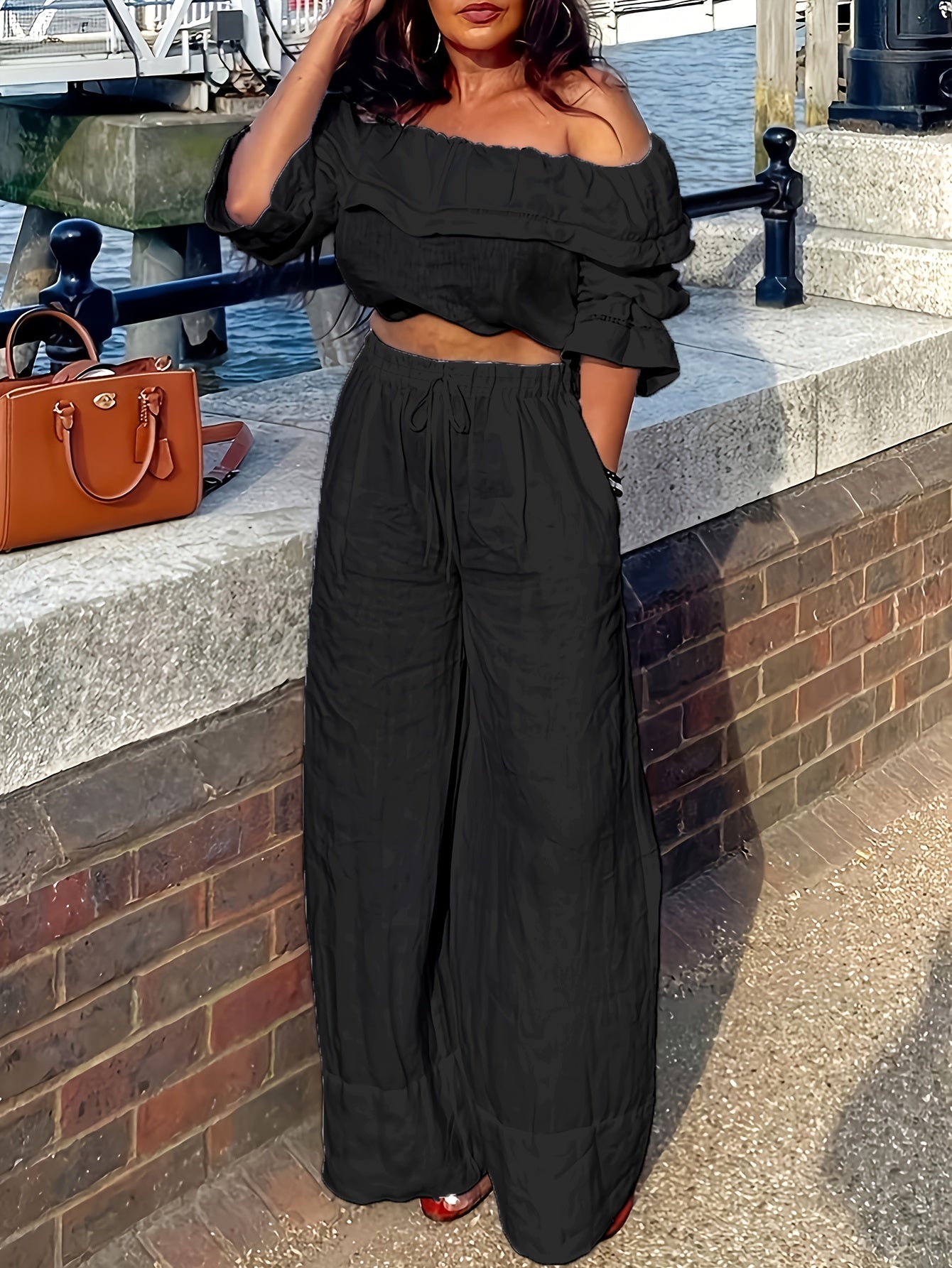 New Elegant Style Products In 2025, 2pcs Set Of Casual And Elegant Clothes For Women, Suitable For All Seasons To Wear, One-shoulder Off-shoulder Solid Color Top And Strap-on Straight-leg Pants Suit