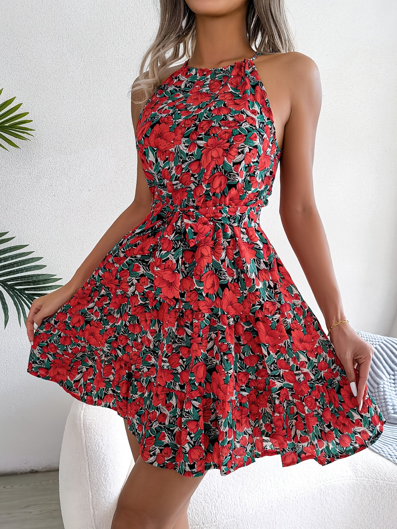 [Summer Floral Belted Beach Dress] Floral Print Belted Beach Dress, Sleeveless Casual Vacation Dress For Summer & Spring, Women's Clothing