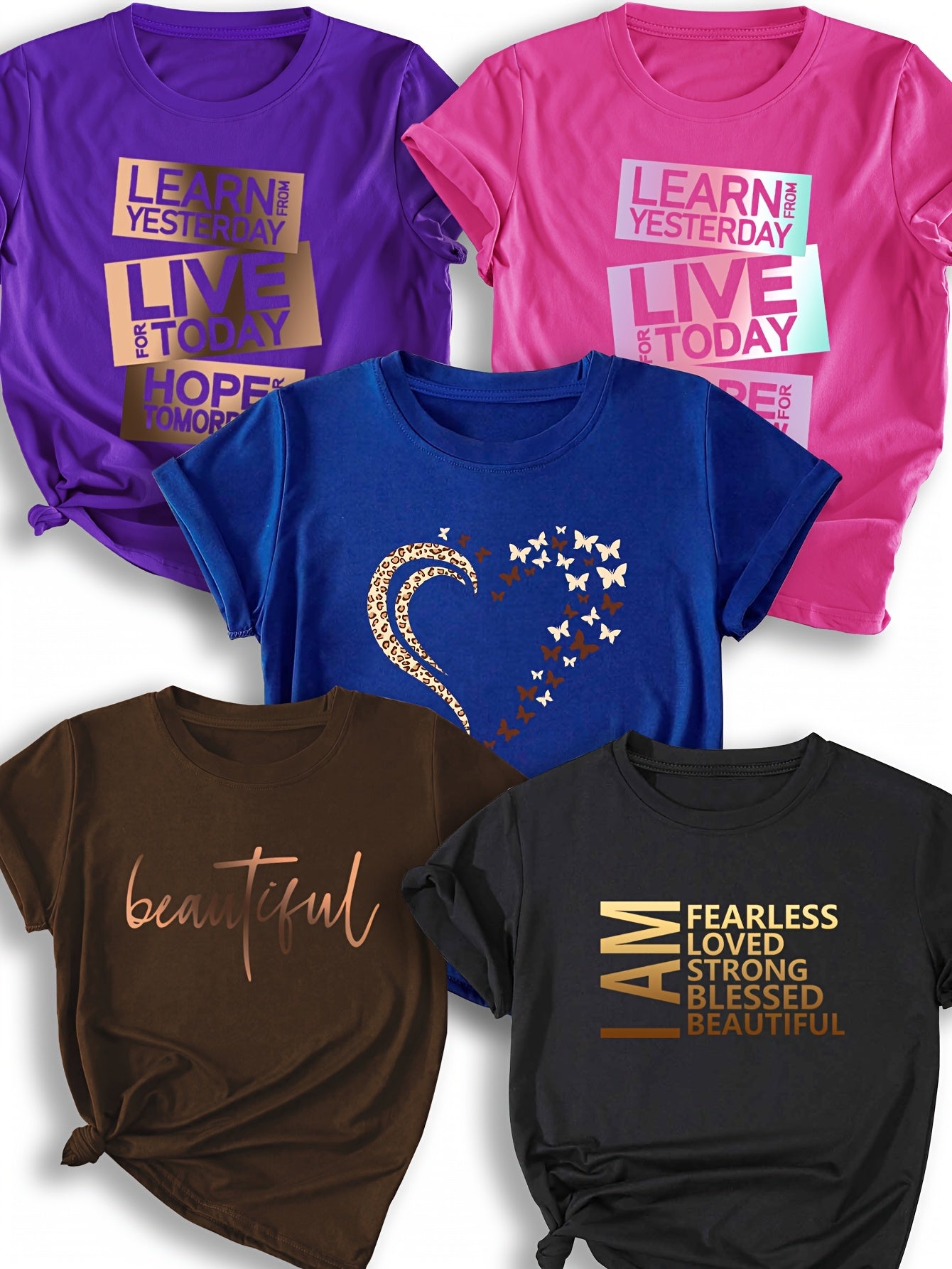 5pcs Women'S Casual Crew Neck T-Shirts - Short Sleeve, Polyester, All-Season, Round Neck, Short Sleeve Tee | Inspirational Print Tee | Comfortable Fit Tee