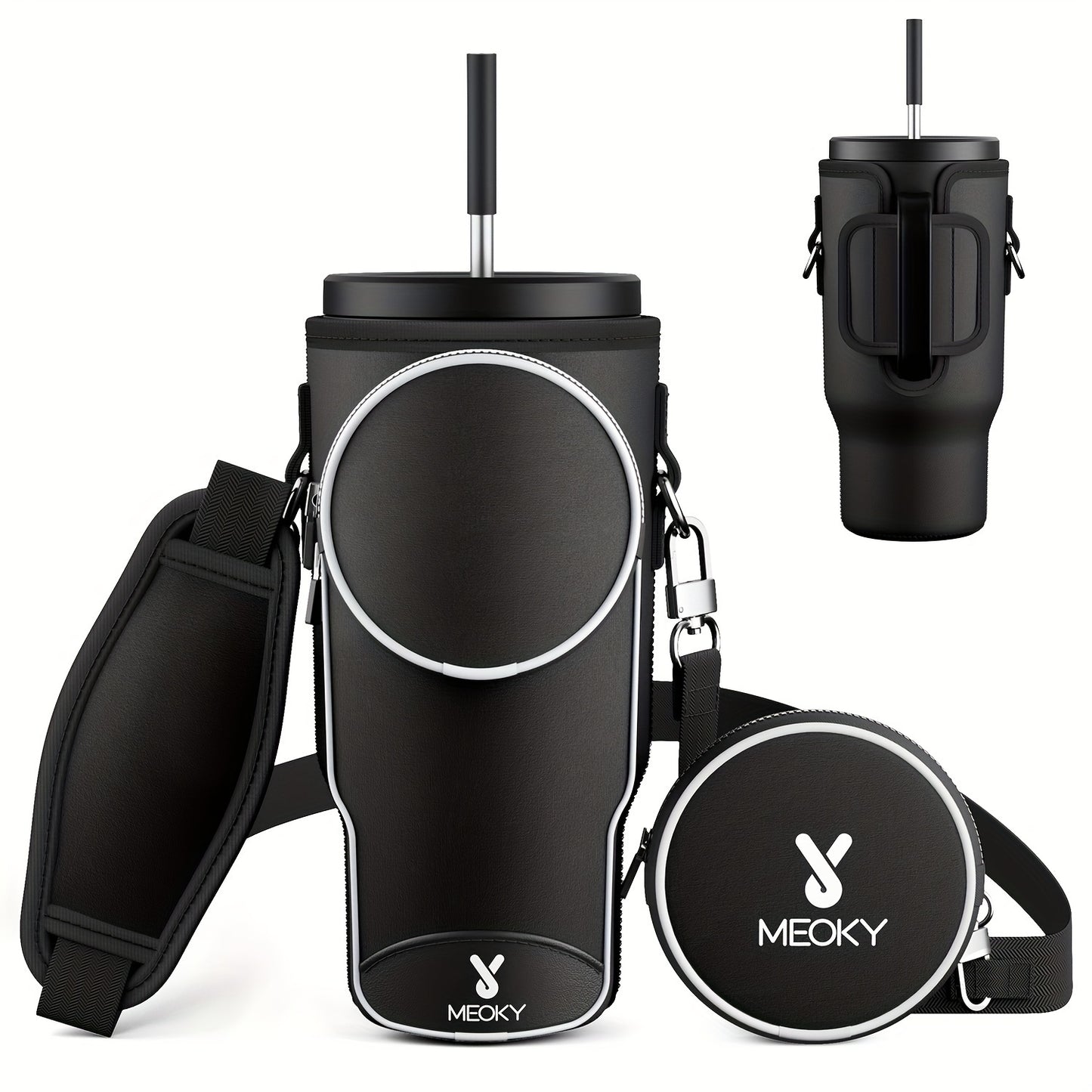 Meoky 1pc Water Bottle Carrier Bag With Phone Pocket For 40 Oz Tumbler With Handle, Neoprene Water Bottle Holder Pouch With Adjustable Strap, 2 Carabiner Clips