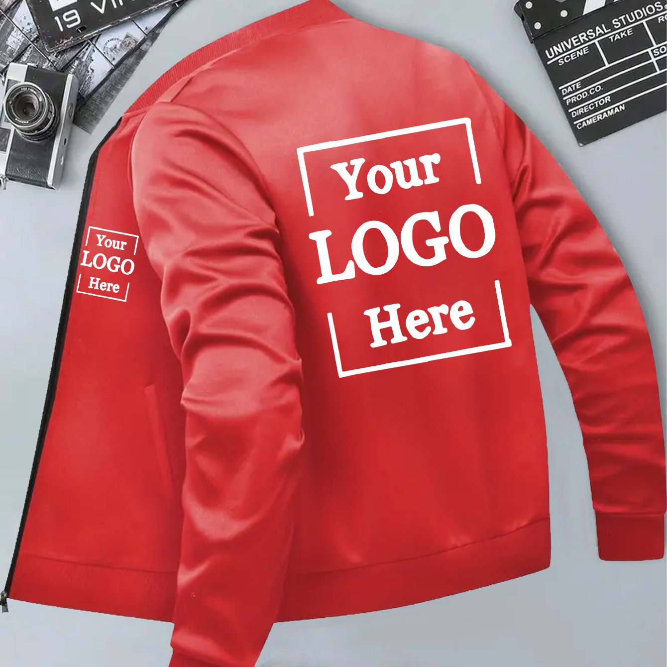 Men's Customizable Zip-Up Pilot Jacket - Personalized Logo/Text, Black with White Print, Knit Polyester Coat, Baseball Collar & Side Pockets - Winter Streetwear for Formal/Casual Events - Branding Jacket, Casual Outerwear, St