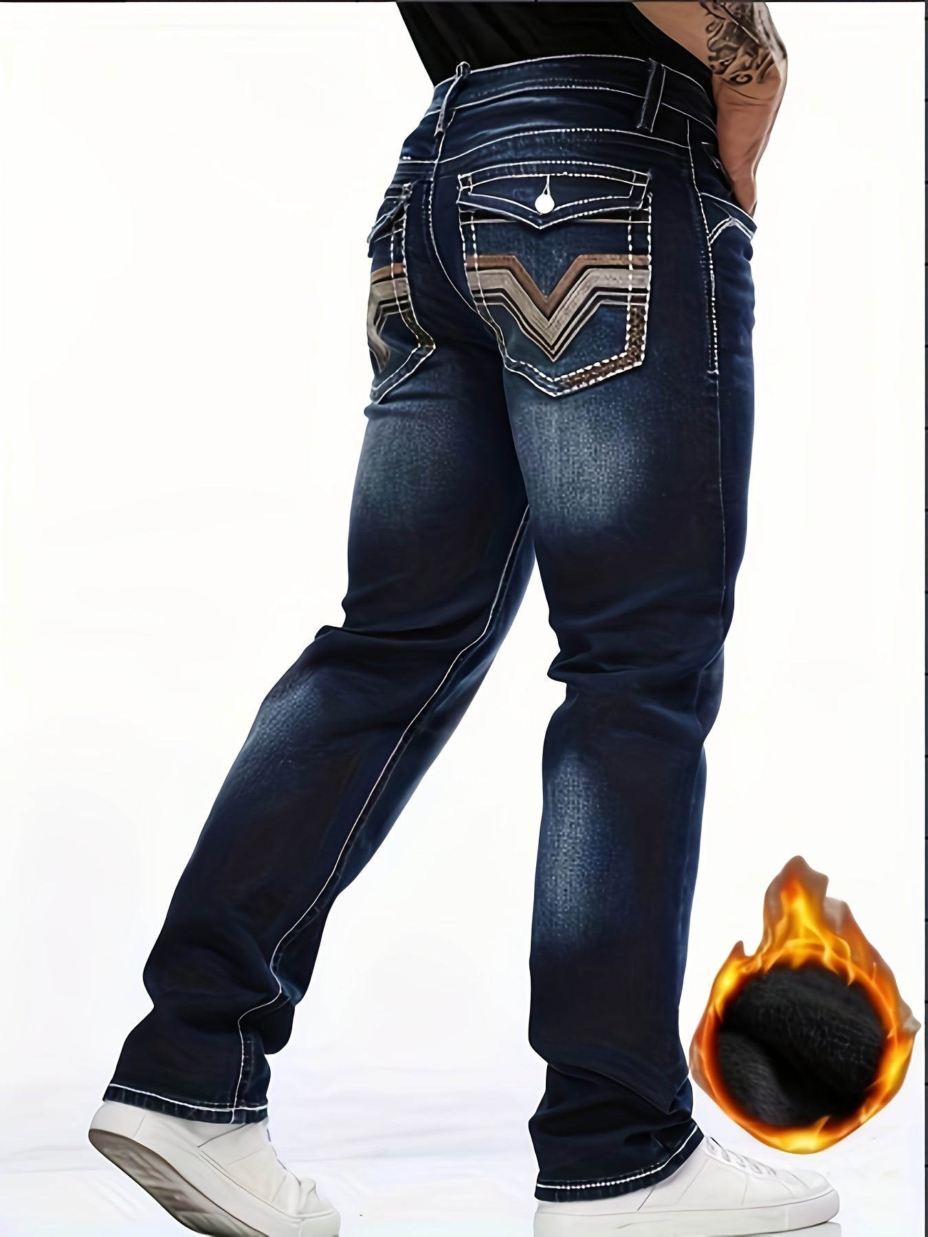 HME Men's Heavy-Duty Winter Jeans - Thickened Fleece-Lined Insulated Denim Pants with Heavy Wash & Natural Aging, Mid-Waist Stretch Slim-Fit Straight Leg, Machine Washable Casual Winter Pants for Cold Weather (Blue/Dark Brown