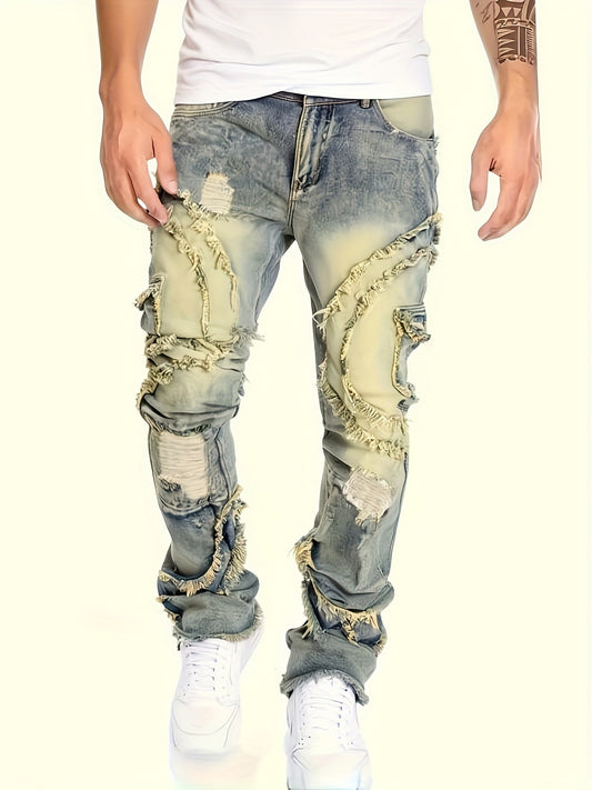 HME Men's Skinny Jeans - Heavy Washed Vintage Streetwear Pants with Patchwork Stitching, Stretch Denim (Cotton-Based), Mid-Rise Fit, All-Season Urban Fashion Jeans for Men, Casual Streetwear, Versatile Bottoms, Retro Style, D