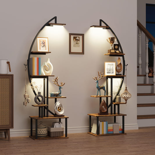 2pcs Bookshelf With Lights, 7 Tiered 65' Multi-functional Metal Black&brown Shelving Unit Wood Bookcase For Books Handicraft Decorations Frames Multiple, Corner Display Stand For Living Room Study Room Bedroom Hallway Good Ch