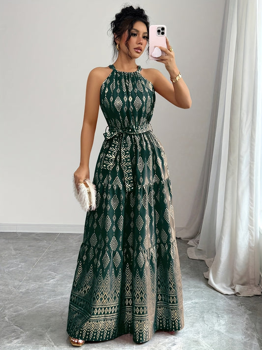 Emerald Green & Golden Women's Elegant Halter Neck Dress with Adjustable Waist Tie - Long Sleeveless Geometric Print A-Line Dress, Machine Washable Luxurious Fabric for Spring Summer Fall Formal Evening Wear & Gala Attire, Se