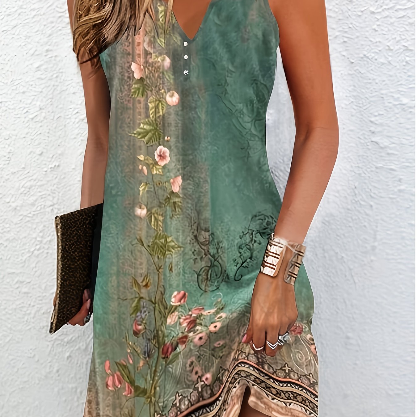 Floral Print Women's Elegant Deep V-Neck Knee-Length Dress - A-Line Stretchy Machine-Washable Lightweight Soft Fabric Fashion for Spring/Summer Casual & Formal Occasion, Comfortable Fit