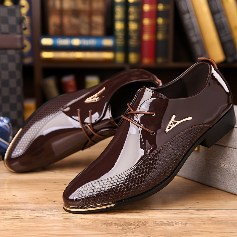 Men's Fashion Oxfords, Casual Trendy Solid Color Lace-Up Dress Shoes, PU Upper & Inner, Rubber Sole, Pointed Toe, Low Top Design for Hiking, Outdoor, Daily Wear & Parties