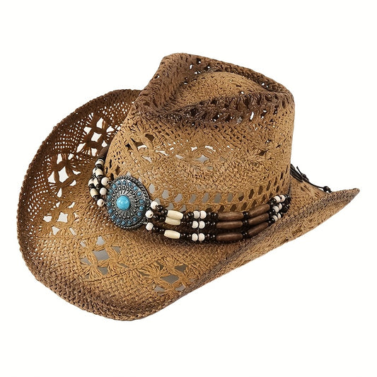 NEULRY Vintage Western Cowboy Hat for Men & Women - Large Sun Hat with Blue Feather, Adjustable Chin Strap & Wide Brim for Travel, Beach, Sun Protection, Beach Hat, Embellished Decorative Elements