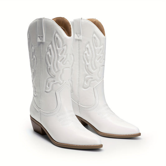 Women'S Cowboy Boots Mid Calf Cowgirl Boots Embroidery Stitched Western Boots
