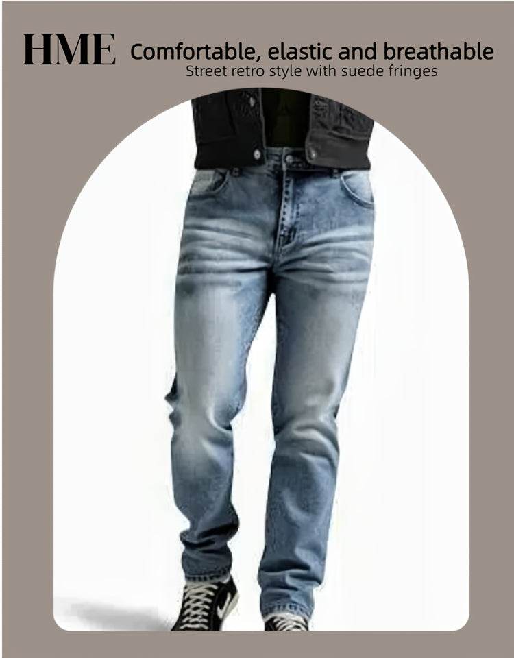 HME Men's Stretch Jeans - Skinny Fit Stretch Denim Pants with Mid-Rise Straight Leg, Vintage Washed Blue Jeans, Machine Washable Everyday Casual Pants for All Seasons (Non-See-Through), Allseason Clothing, Timeless Fivepocket