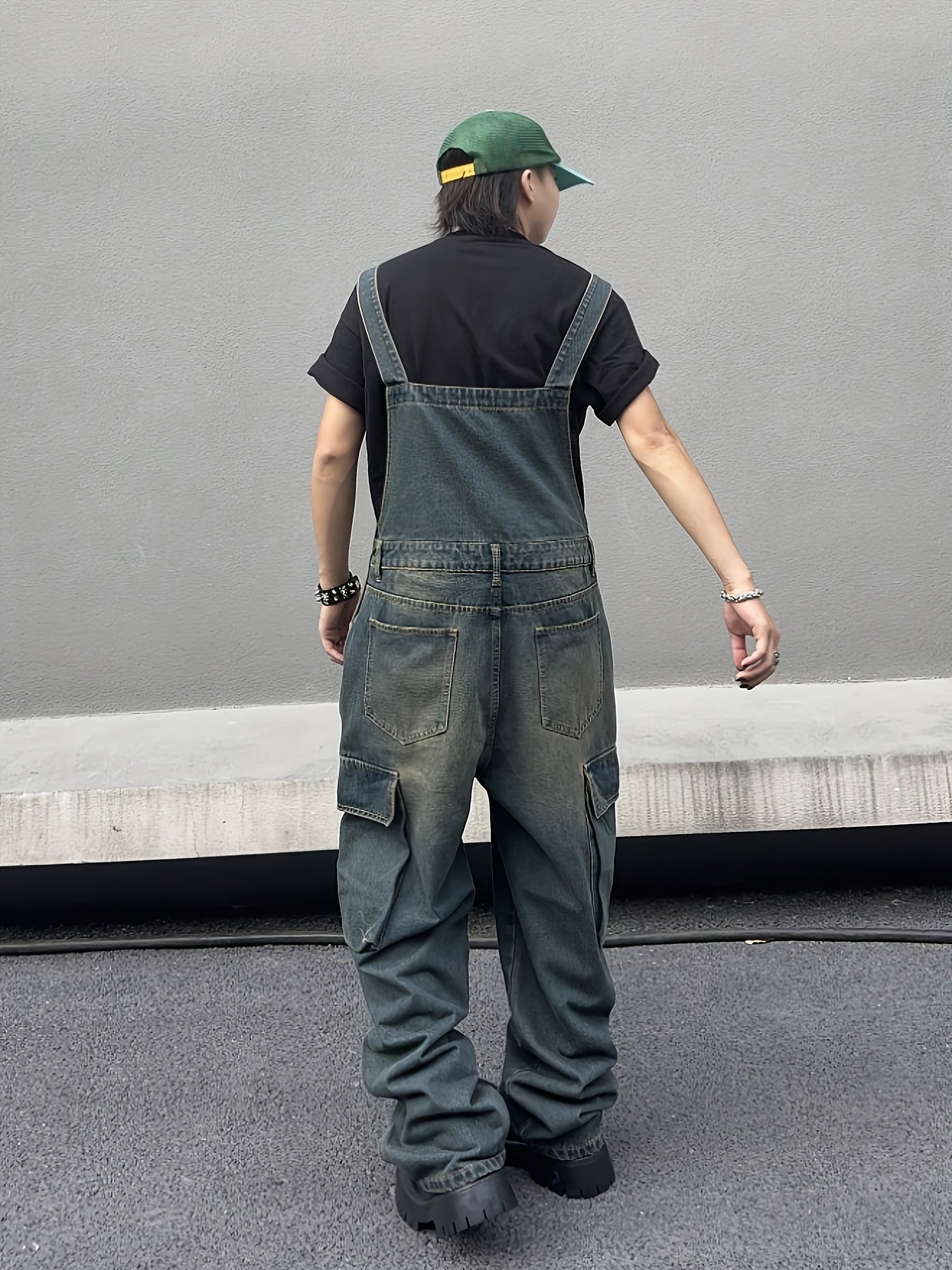 HME Men's Heavyweight Distressed Faux Denim Overalls Jumpsuit - Vintage Washed White with Large Functional Pockets, Loose Wide-Leg Fit, All-Season Casual Streetwear & Hip-Hop Style, Beltless Design with Buckle Closure, Machin