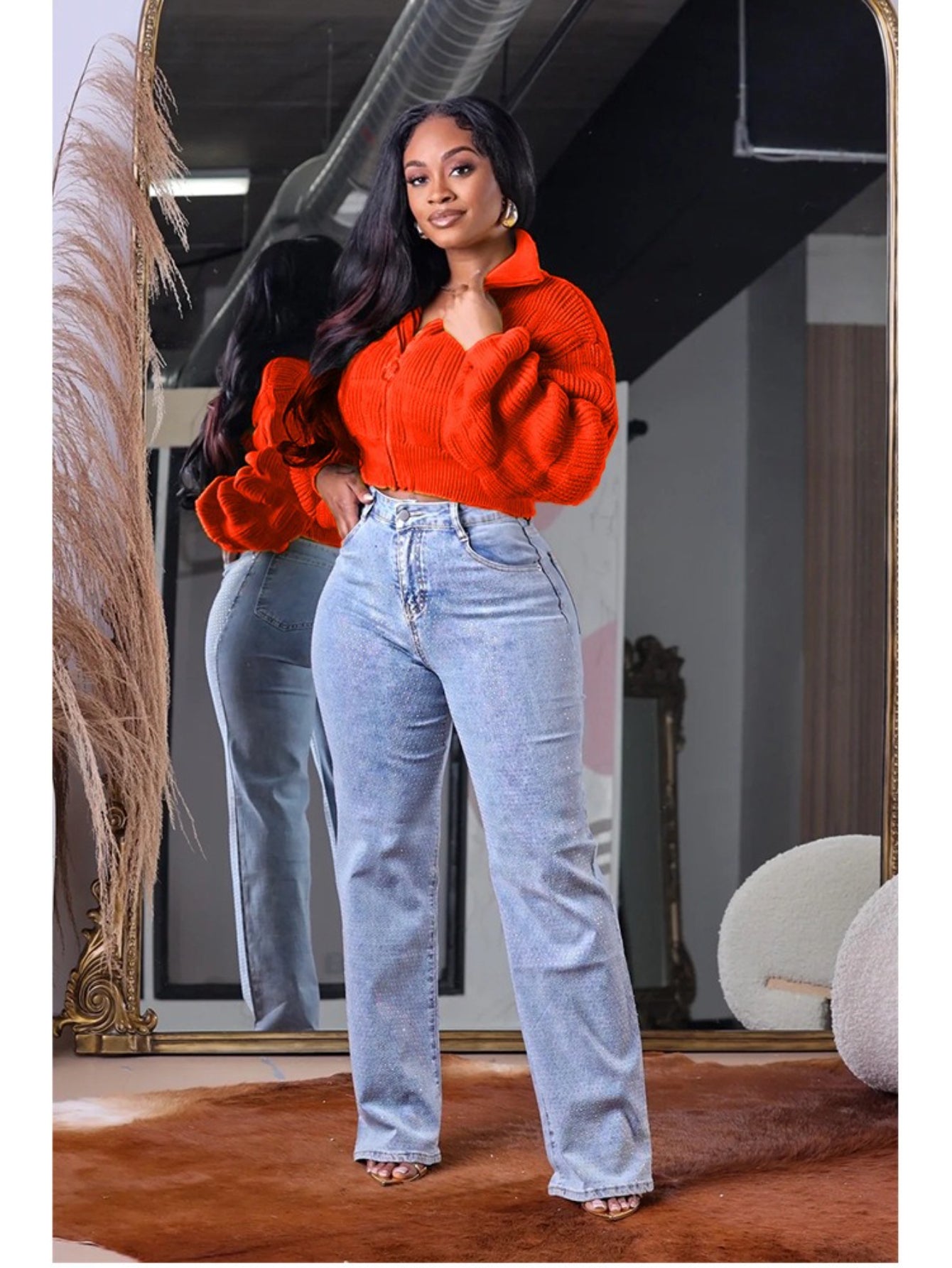 HERTALK Women'S Oversized Loose-Fit for Lotus Root Lantern Sleeve Sweater with Threaded Cuffs - Soft Warm Winter Pullover, Short Length Round Neck Casual Sweater for Fall/Winter, Cozy Layering Piece for Everyday & Semi-Formal
